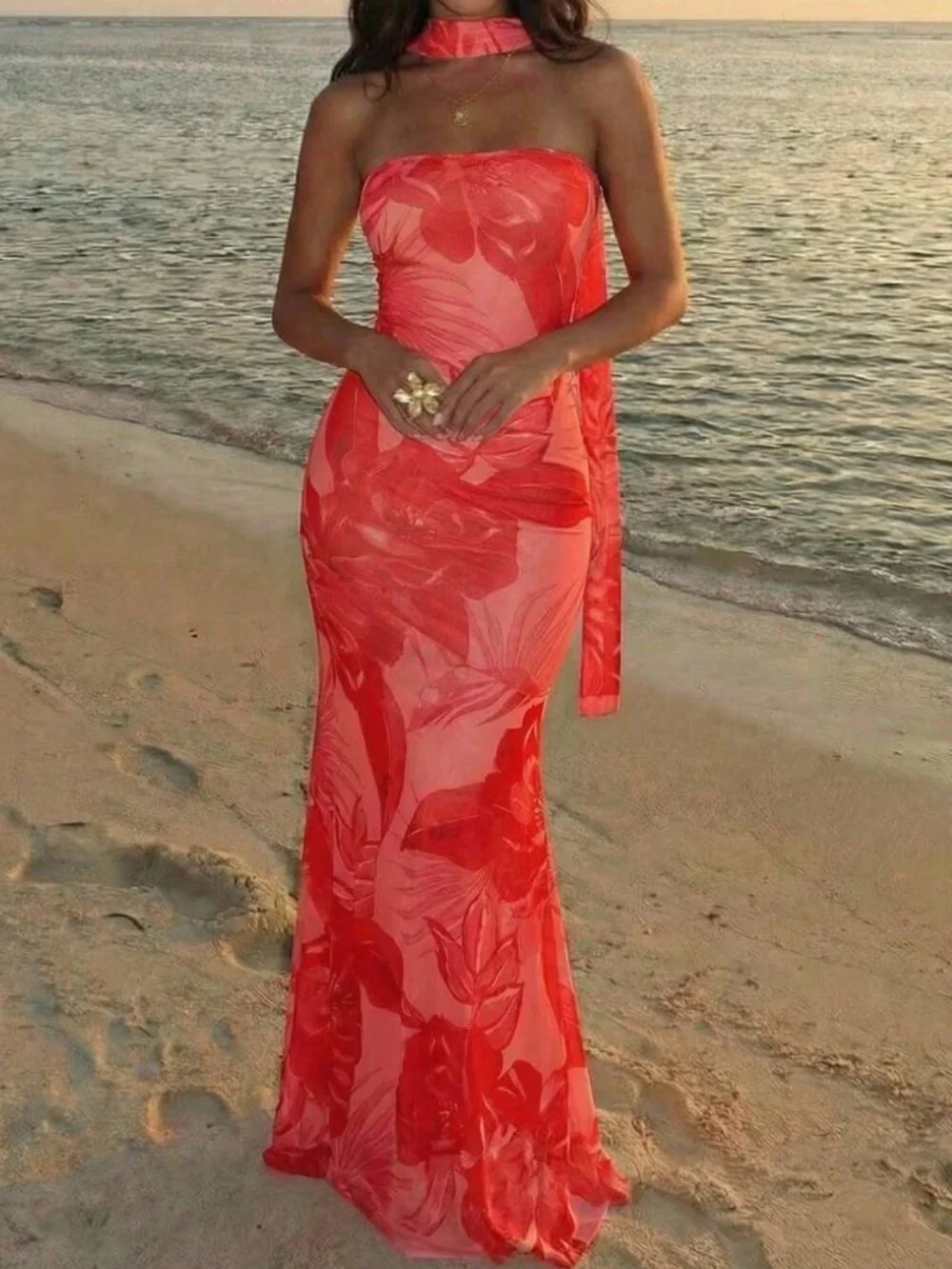 Red Elegant Women's Casual Printed Maxi Dress - Picture 1 of 8